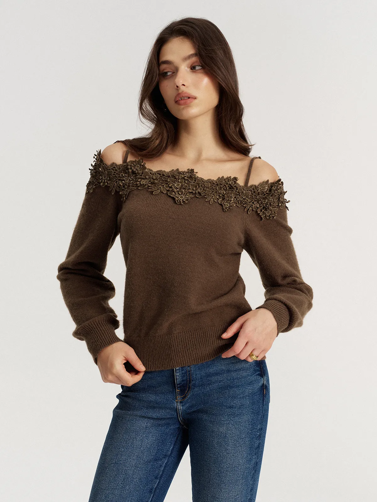 Off Shoulder Floral Lace Trim Sweater sold by COMMENSE product image thumbnail 3