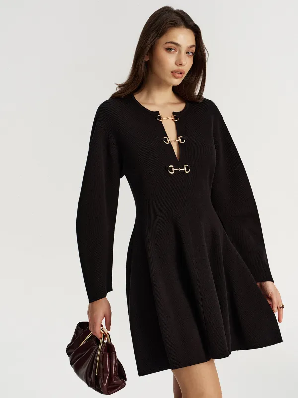 Horsebit Detail Knit Flared Dress sold by COMMENSE