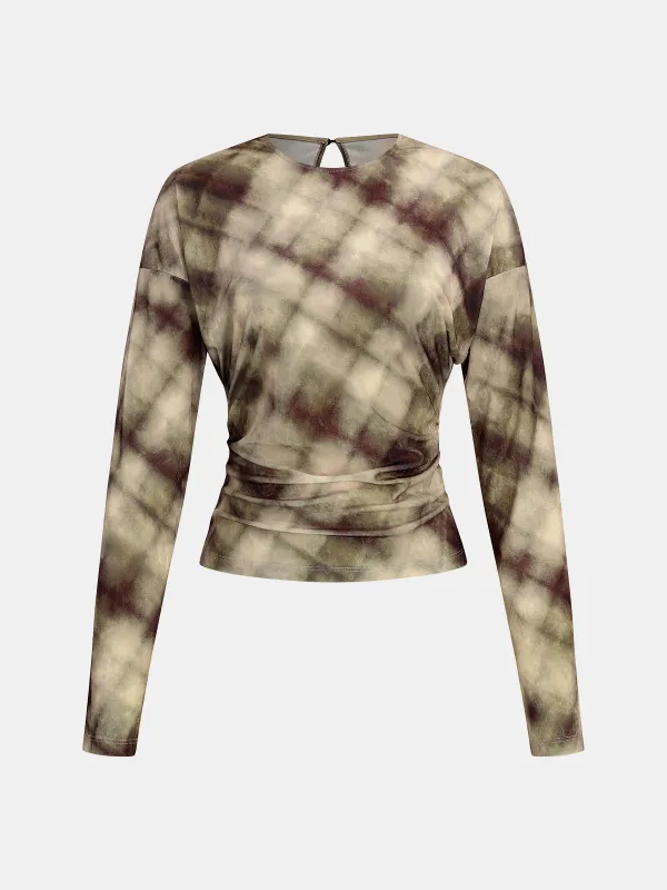 Plaid Velvet Ruched Long-Sleeve Top sold by COMMENSE