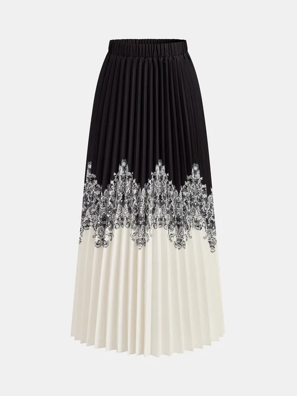 Printed Two-Tone Pleated Maxi Skirt sold by COMMENSE