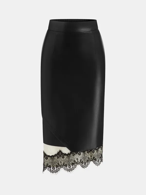 Lace Hem Faux Leather Midi Skirt sold by COMMENSE