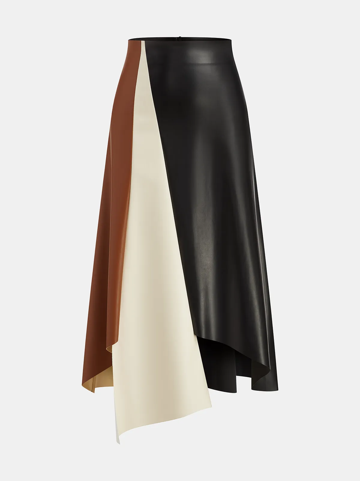 Color Block Asymmetric Faux Leather Midi Skirt sold by COMMENSE