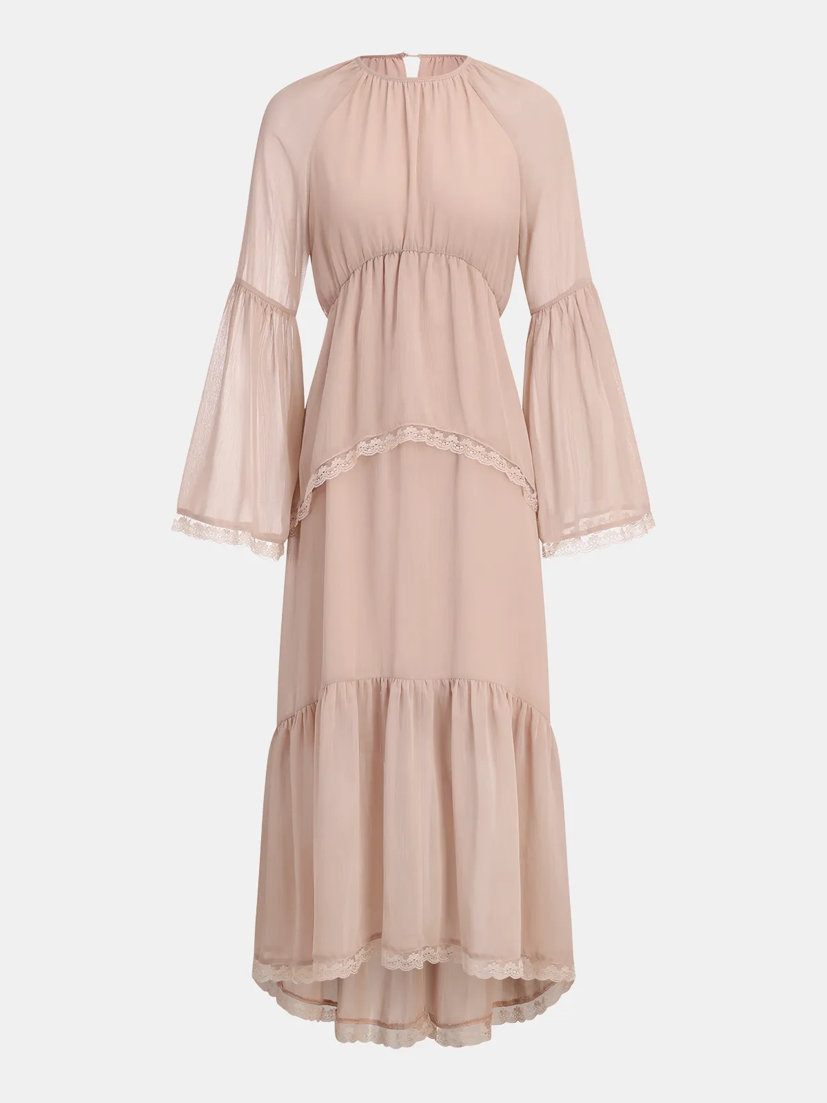 Lace Trim Chiffon Tiered Maxi Dress sold by COMMENSE