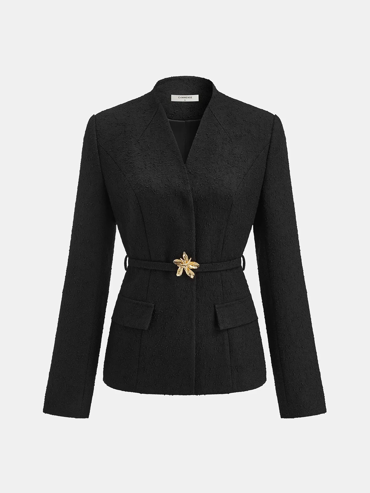 Textured Blazer with Floral Buckle Belt sold by COMMENSE