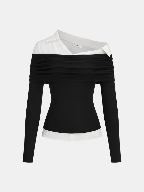 2 in 1 Color-Block Asymmetrical Blouse sold by COMMENSE