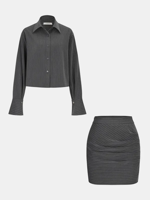 Pinstripe Shirt and Ruched Mini Skirt Set sold by COMMENSE