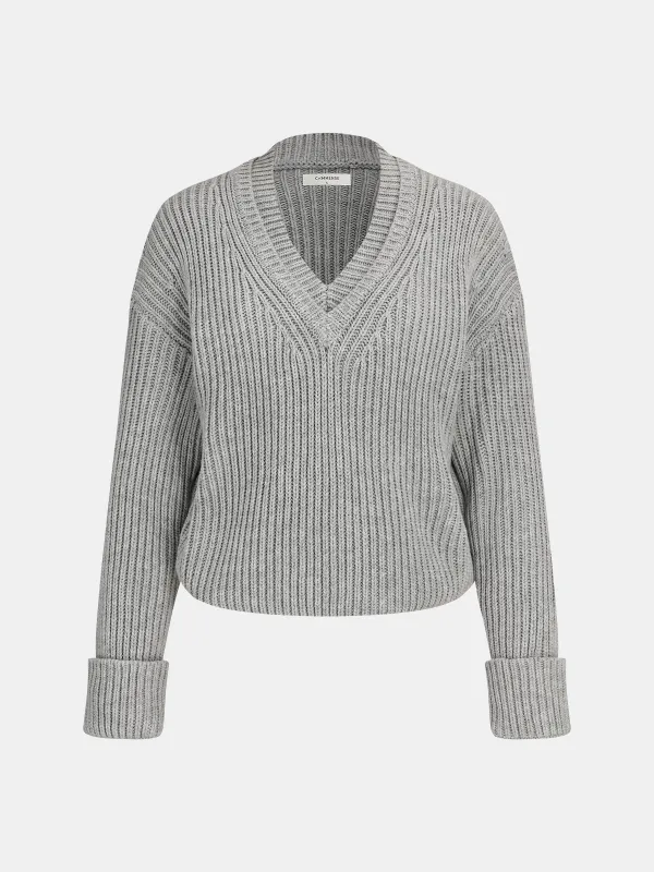 Cuffed Sleeve Ribbed Knit V-Neck Sweater sold by COMMENSE