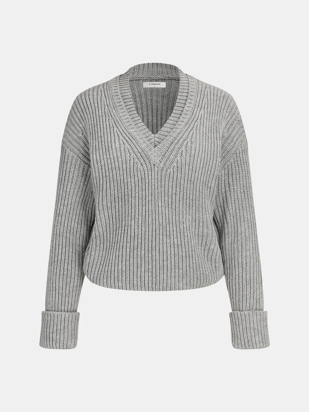 Cuffed Sleeve Ribbed Knit V-Neck Sweater sold by COMMENSE