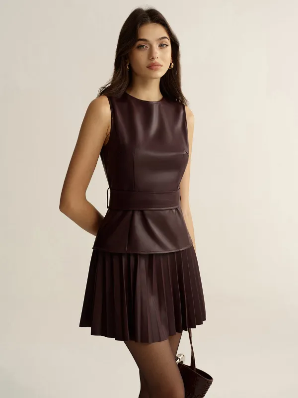 Belted Faux Leather Sleeveless Pleated Mini Dress sold by COMMENSE