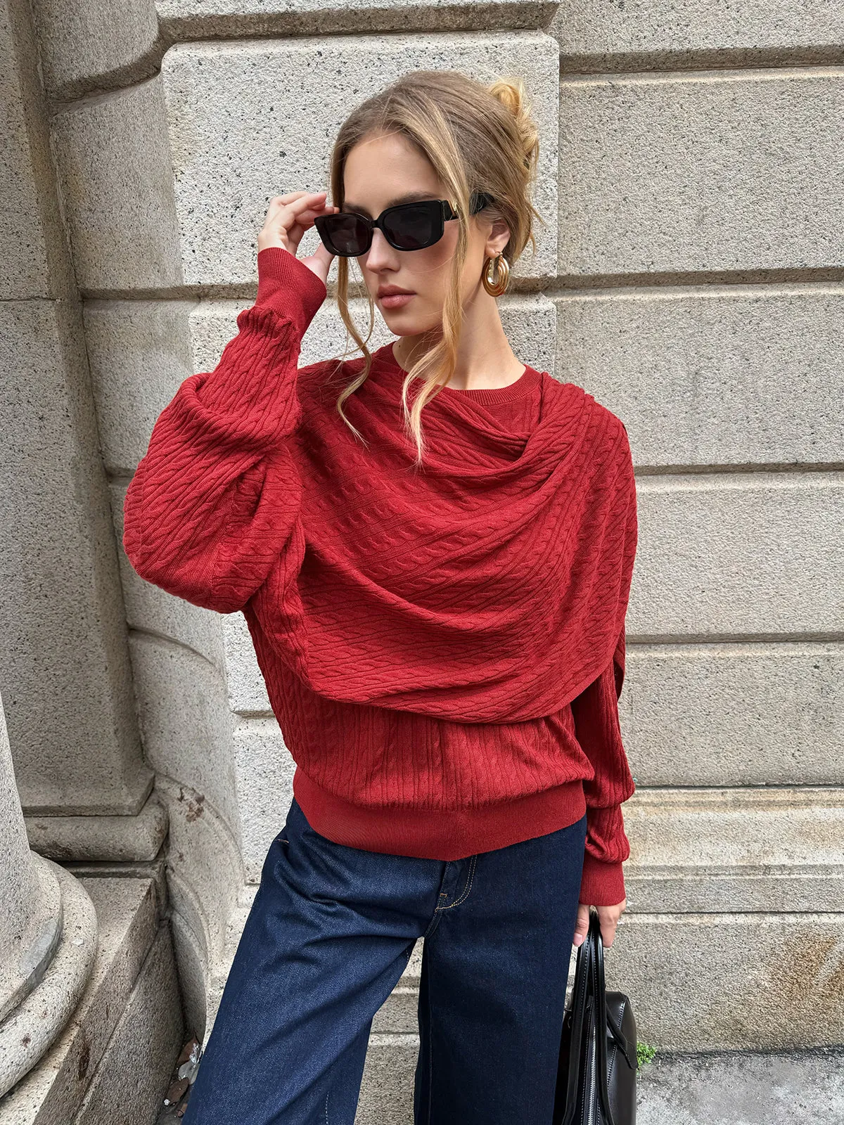 Wool Blend Cable Knit Draped Asymmetric Sweater sold by COMMENSE product image thumbnail 5