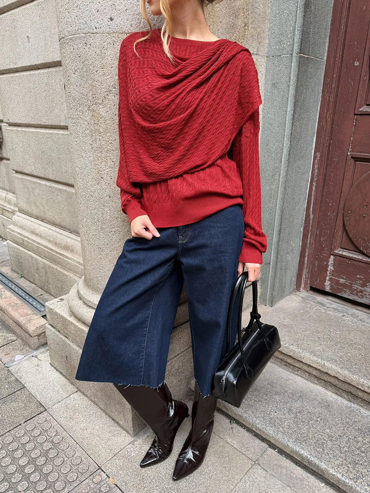 Wool Blend Cable Knit Draped Asymmetric Sweater sold by COMMENSE product image thumbnail 2