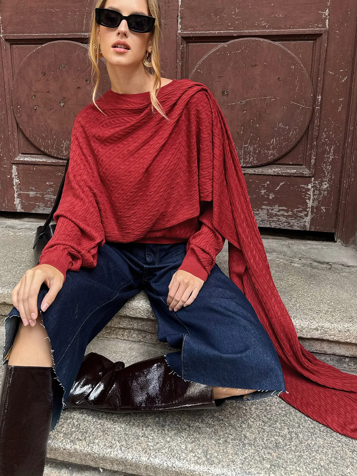 Wool Blend Cable Knit Draped Asymmetric Sweater sold by COMMENSE product image thumbnail 3