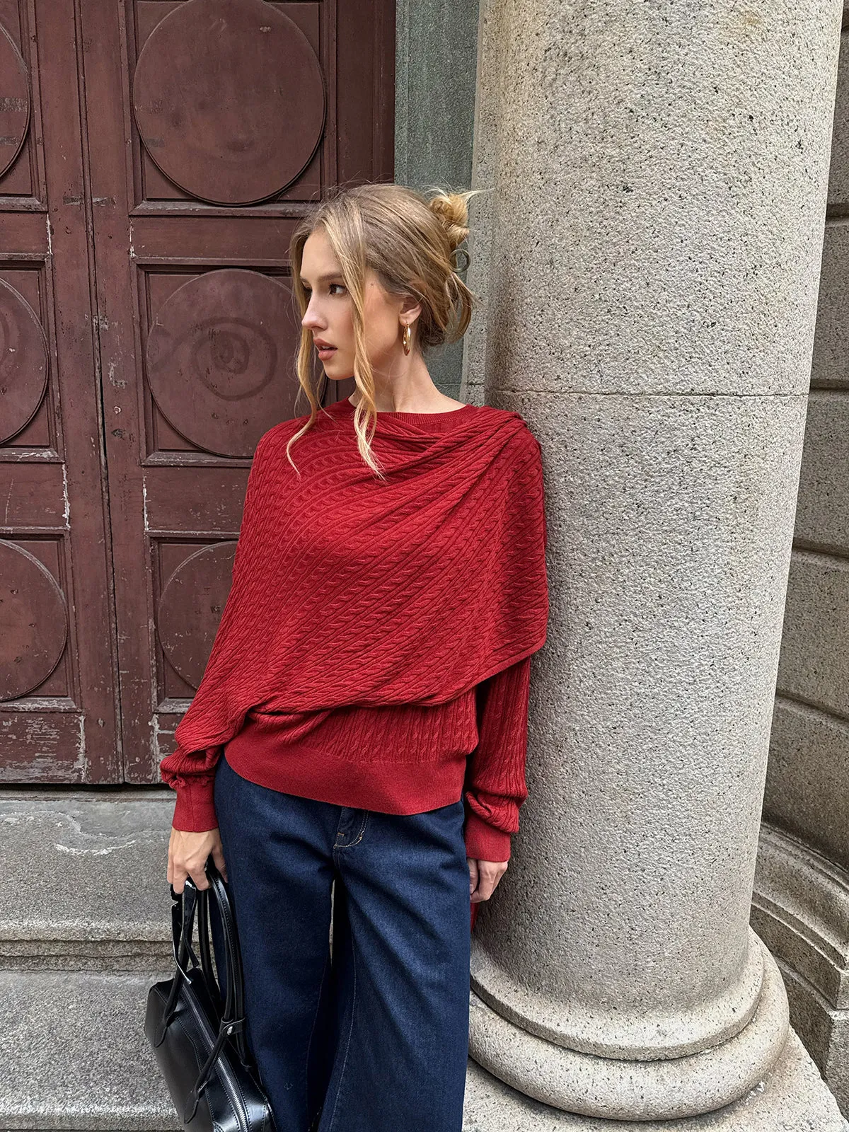 Wool Blend Cable Knit Draped Asymmetric Sweater sold by COMMENSE product image thumbnail 4