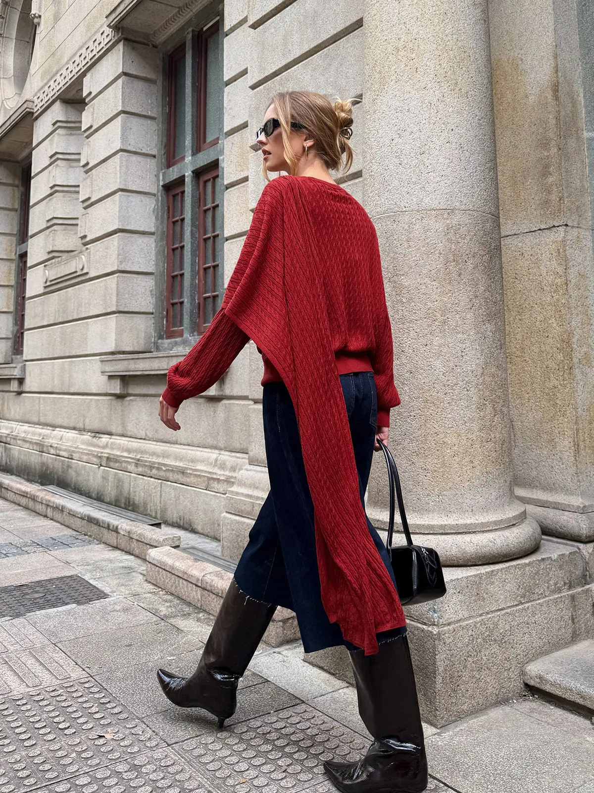 Wool Blend Cable Knit Draped Asymmetric Sweater sold by COMMENSE