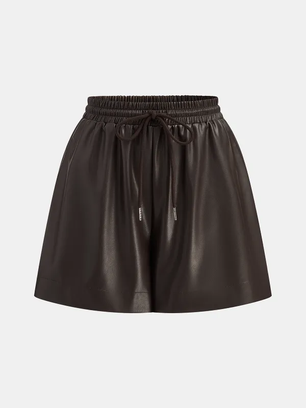 Faux Leather Drawstring Elastic Waist Shorts sold by COMMENSE