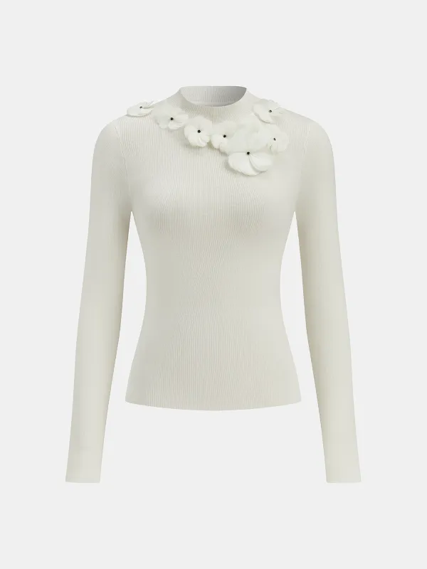 3D Floral Mock Neck Wool Blend Knit Top sold by COMMENSE