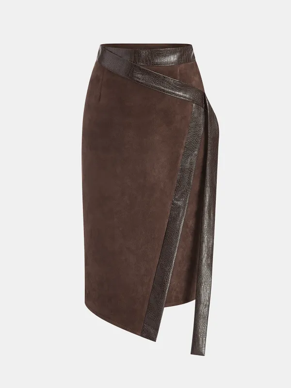 Crocodile PU Leather Panel Suede Effect Midi Skirt sold by COMMENSE