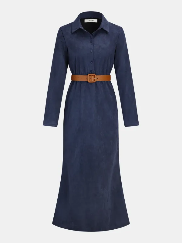 Belted Suede Effect Shirt Dress sold by COMMENSE