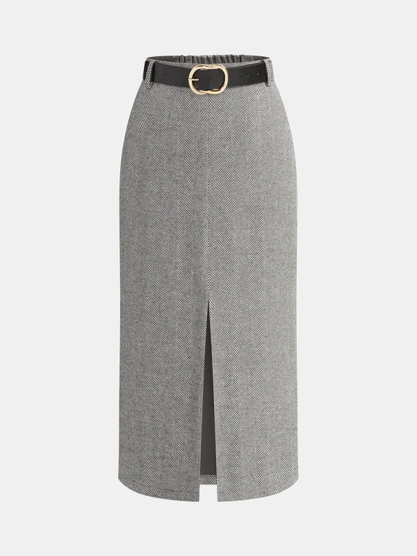 Belted Herringbone Slit Midi Skirt sold by COMMENSE