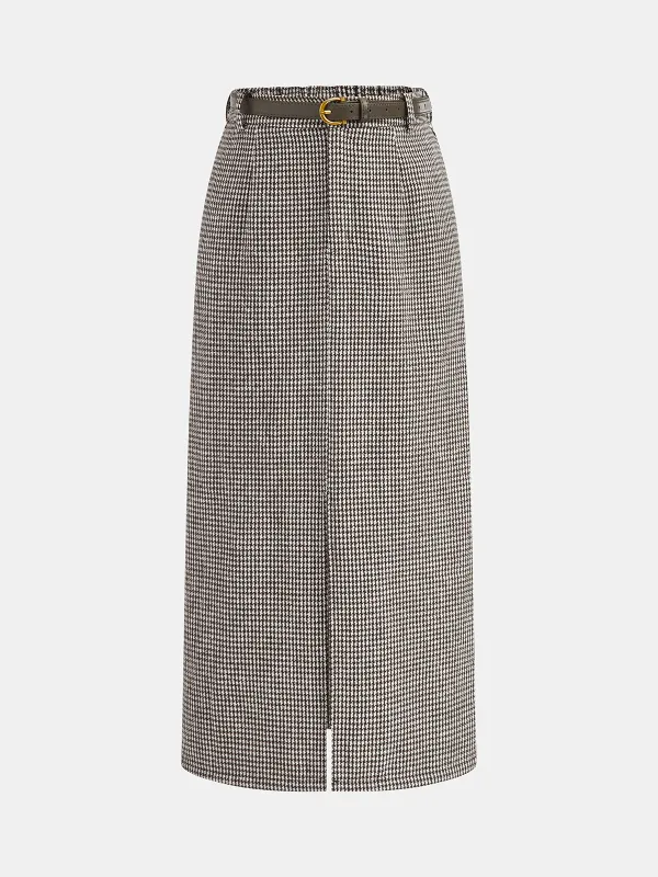 Houndstooth Tweed Belted Midi Skirt sold by COMMENSE