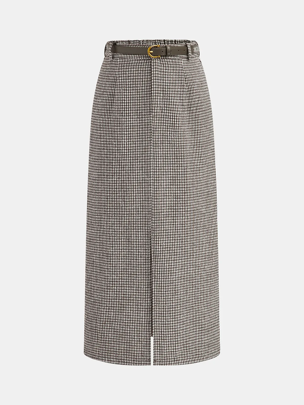 Houndstooth Tweed Belted Midi Skirt sold by COMMENSE