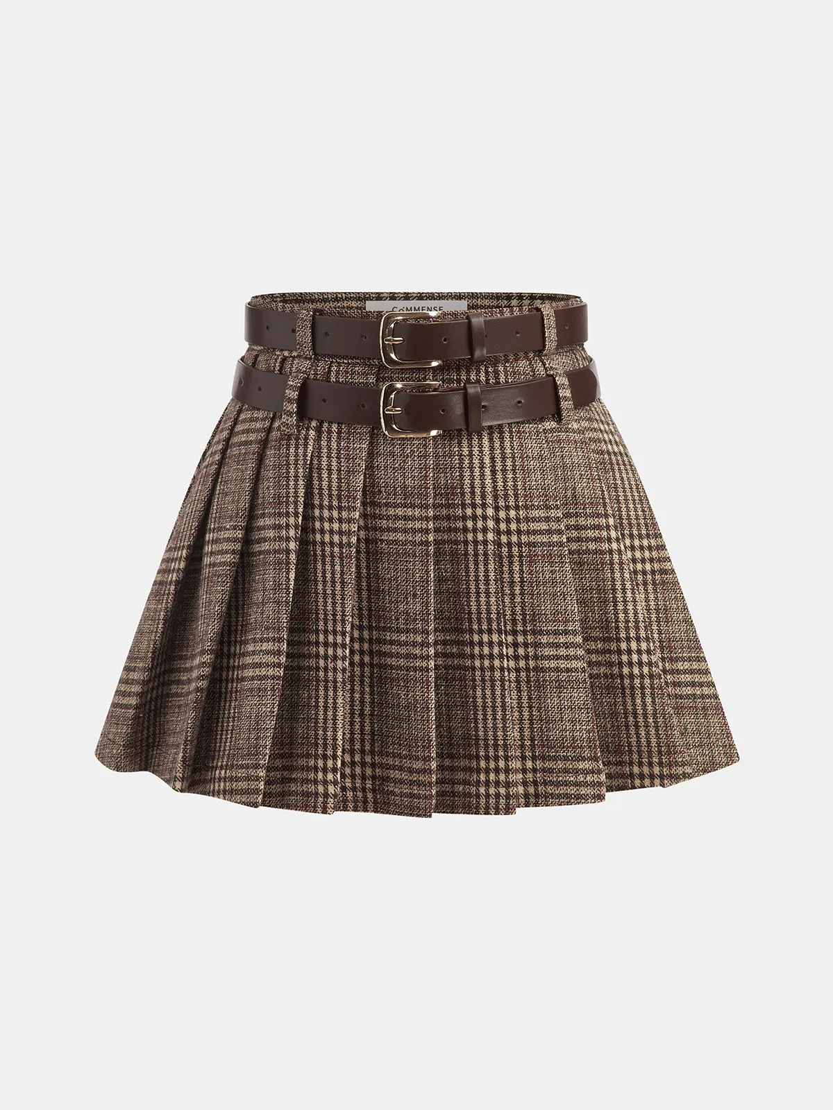 Double Belt Plaid Pleated Mini Skirt sold by COMMENSE