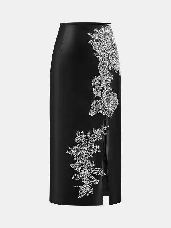 Floral Embroidered Slit PU Midi Skirt sold by COMMENSE