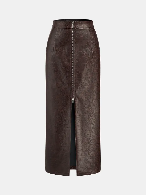 Crocodile Embossed Zipper Split Midi Skirt sold by COMMENSE