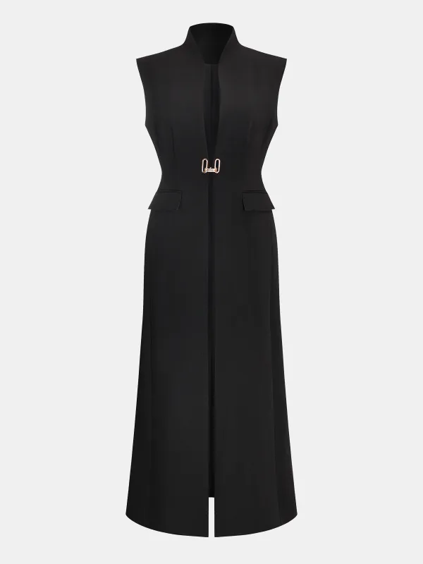 Sleeveless Metal Buckle Long Blazer Vest sold by COMMENSE