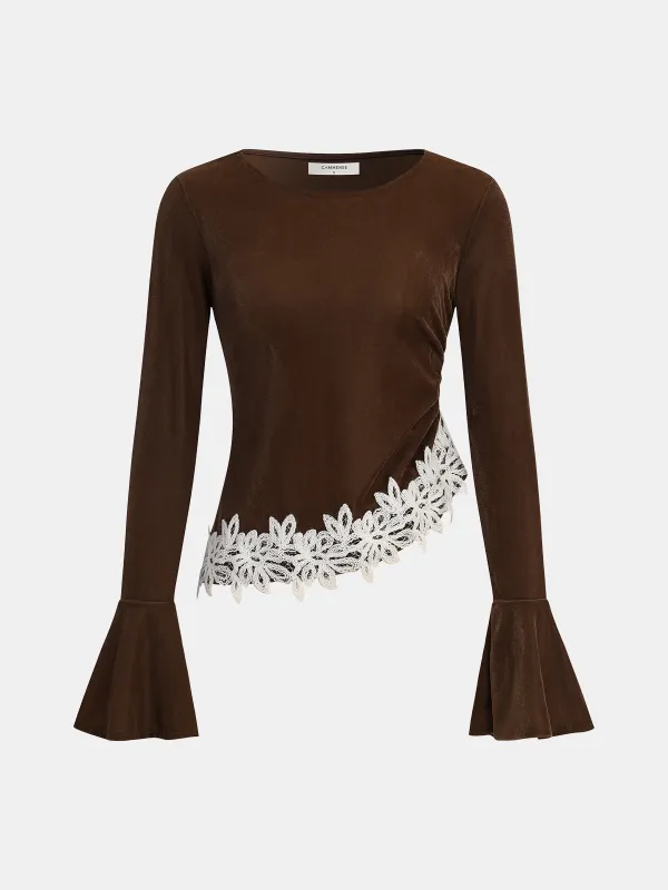 Velvet Bell Sleeve Lace Trim Top sold by COMMENSE