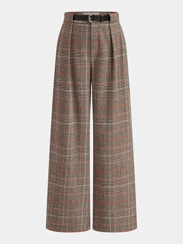Belted Plaid Tweed Wide-Leg Pants sold by COMMENSE