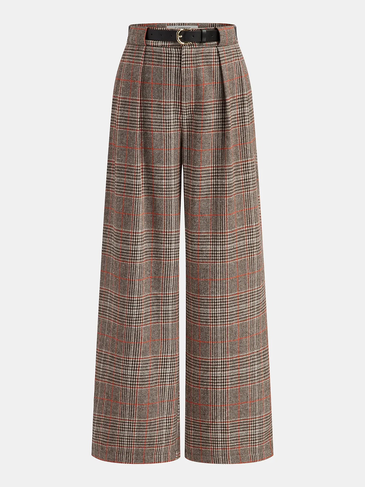 Belted Plaid Tweed Wide-Leg Pants sold by COMMENSE