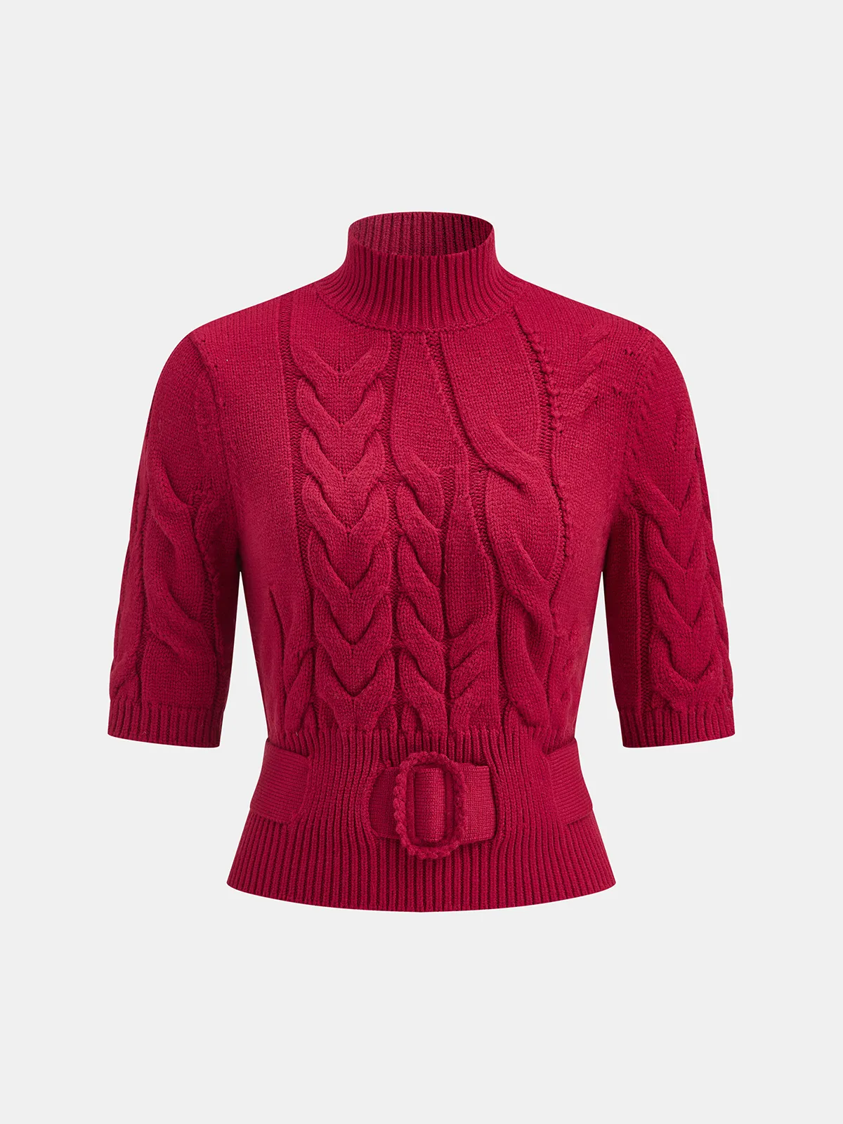 Turtleneck Cable Knit Short Sleeve Belted Sweater sold by COMMENSE