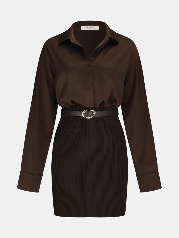 Ribbed Knit Panel Belted Shirt Dress sold by COMMENSE