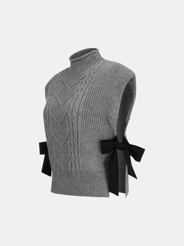 Wool Blend Mock Neck Bow Detail Cable Knit Vest sold by COMMENSE