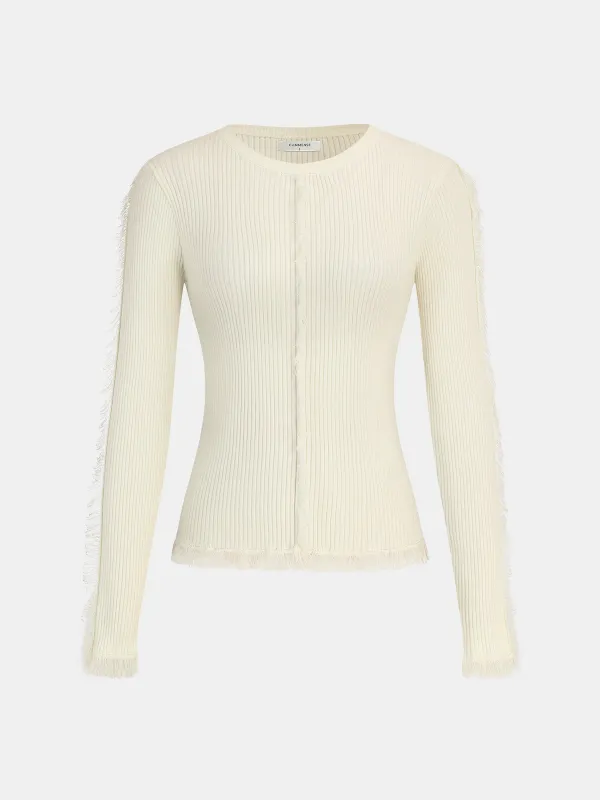 Fringe Ribbed Wool Blend Knit Top made by COMMENSE