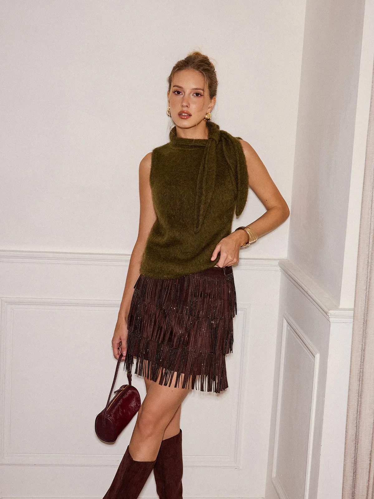 Tiered Fringe Suede Effect Mini Skirt sold by COMMENSE product image thumbnail 4