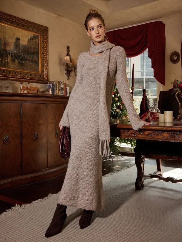 Long Sleeve Knit Maxi Dress with Scarf sold by COMMENSE