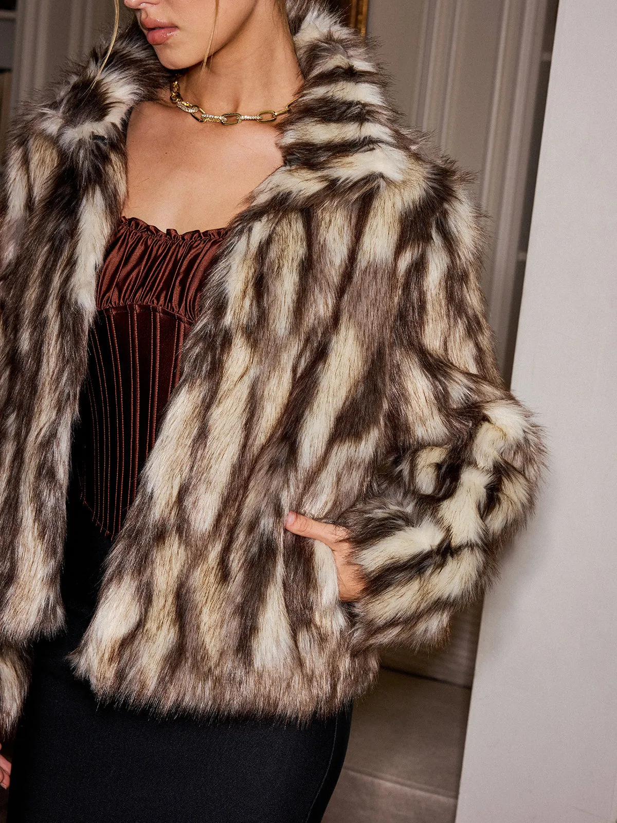 Animal Print Faux Fur Collared Jacket sold by COMMENSE product image thumbnail 5