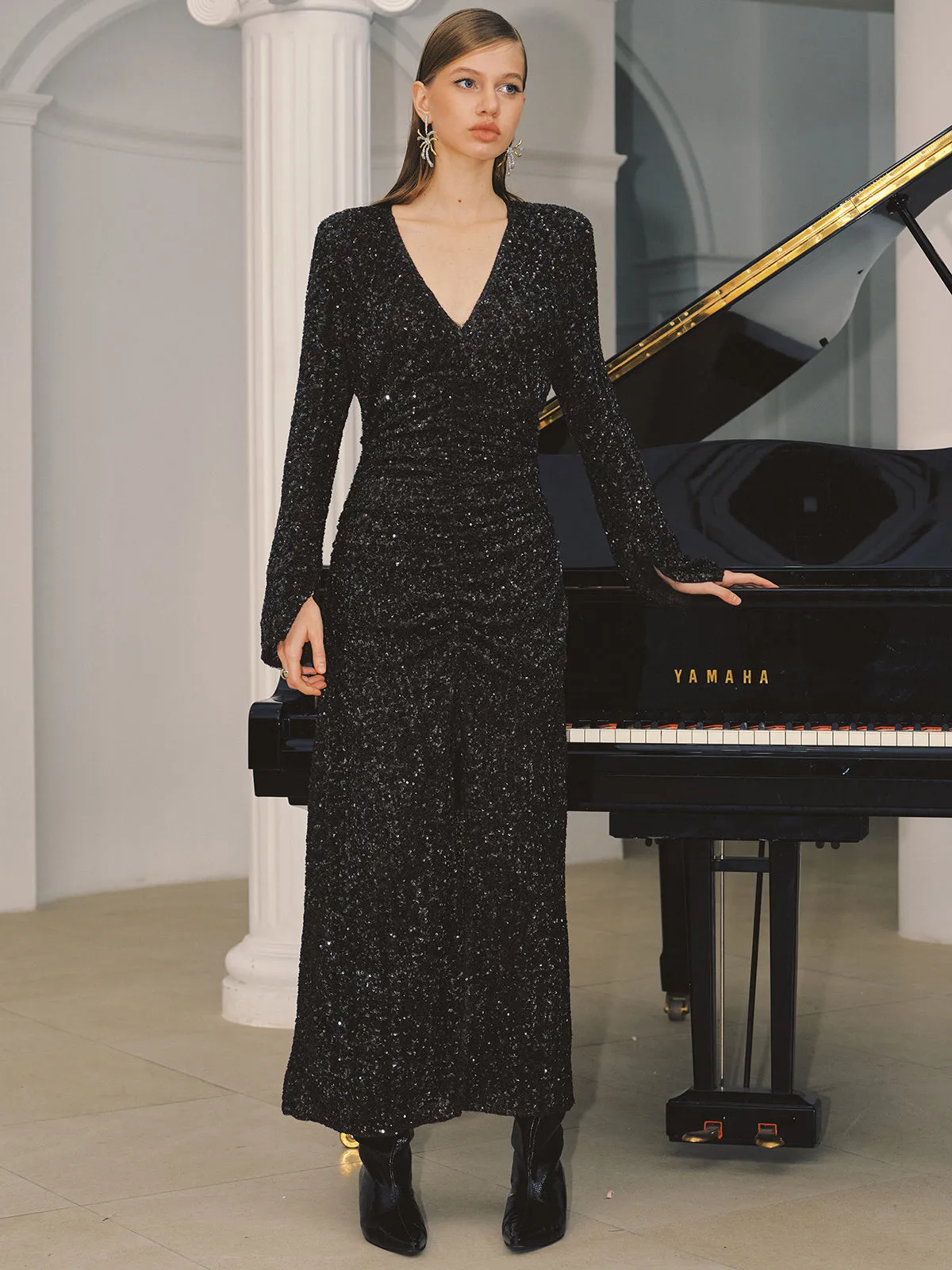 Sequin Ruched V Neck Maxi Dress sold by COMMENSE product image thumbnail 5