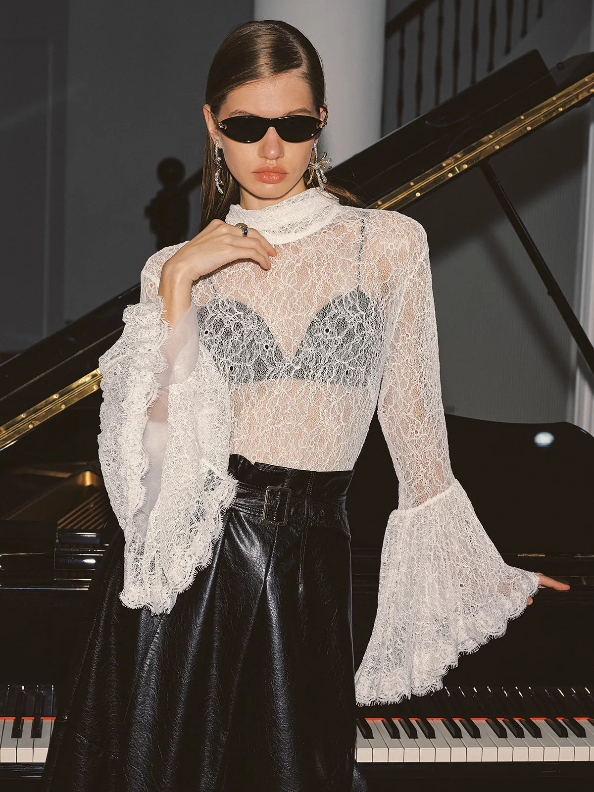 Lace High Neck Bell Sleeve Top sold by COMMENSE