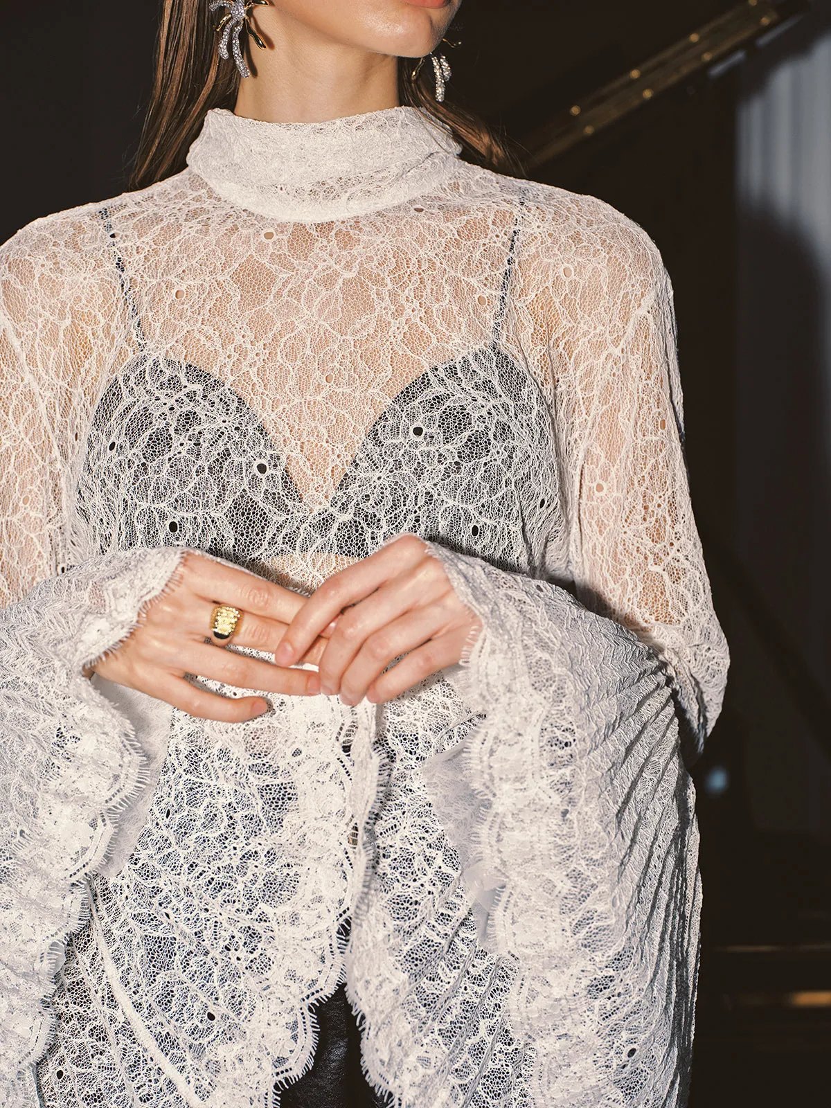 Lace High Neck Bell Sleeve Top sold by COMMENSE product image thumbnail 2