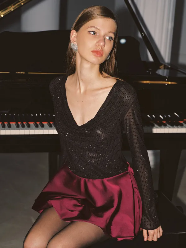 Cowl Neck Rhinestone Long Sleeve Top sold by COMMENSE