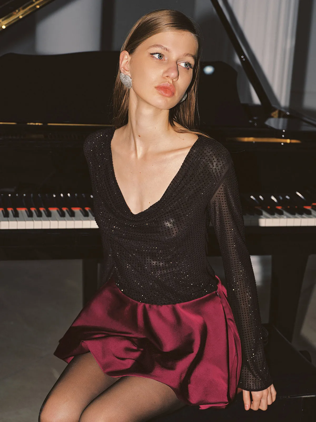 Cowl Neck Rhinestone Long Sleeve Top sold by COMMENSE