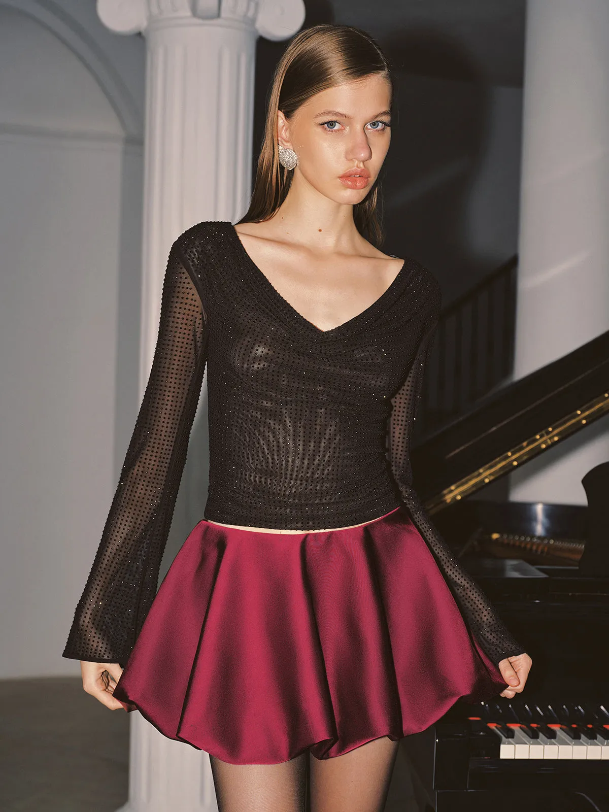 Cowl Neck Rhinestone Long Sleeve Top sold by COMMENSE product image thumbnail 3