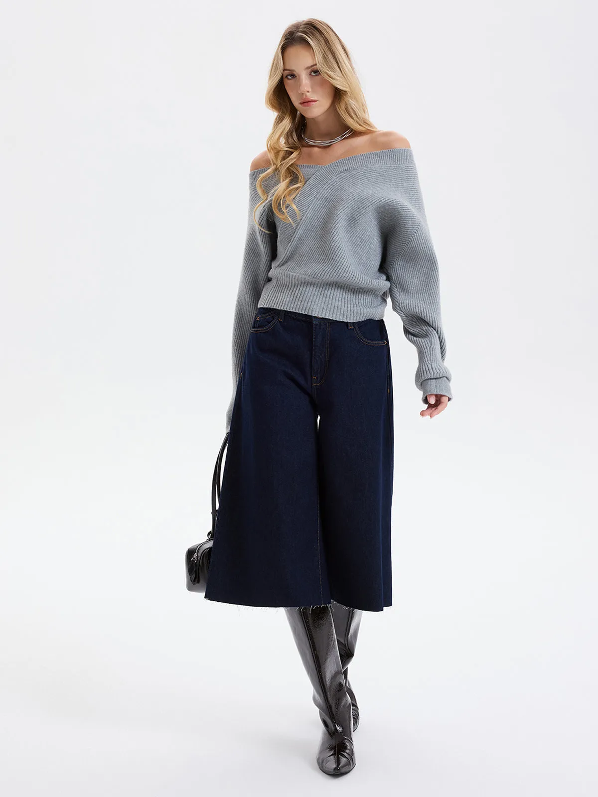 Asymmetric Off-Shoulder Ribbed Sweater sold by COMMENSE product image thumbnail 4