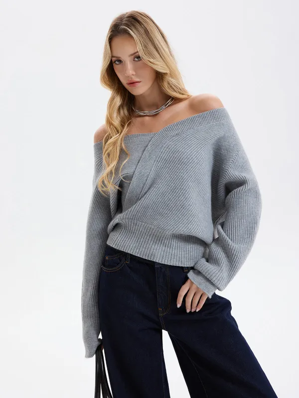 Asymmetric Off-Shoulder Ribbed Sweater sold by COMMENSE