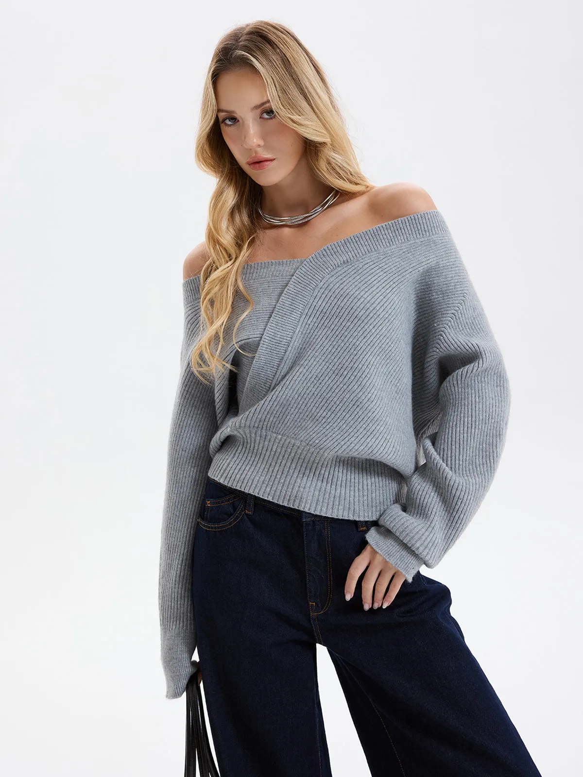 Asymmetric Off-Shoulder Ribbed Sweater sold by COMMENSE