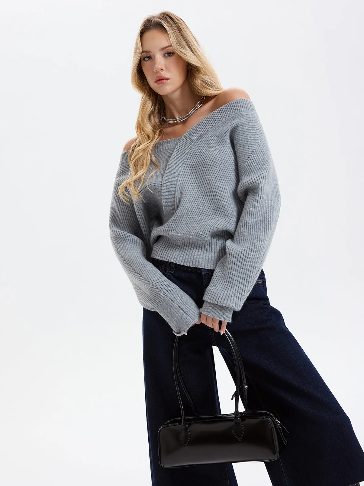 Asymmetric Off-Shoulder Ribbed Sweater sold by COMMENSE product image thumbnail 3