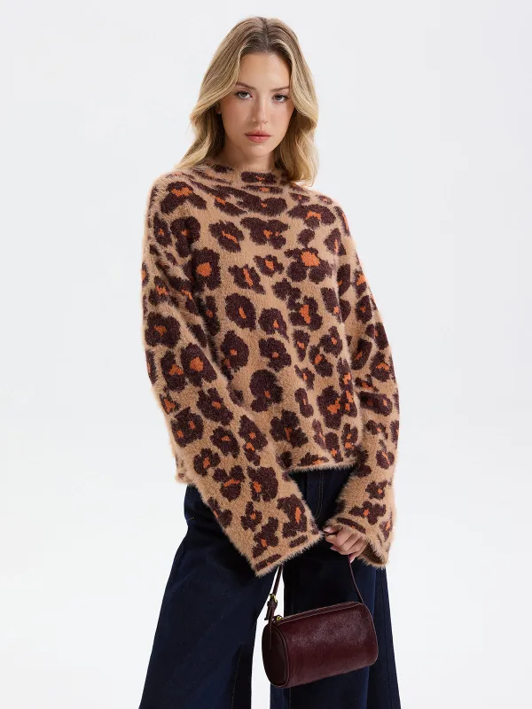 Loose Leopard Jacquard Fuzzy Sweater without Belt sold by COMMENSE
